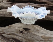 Fenton Art Glass, Glass Bowl, Compote, Opalescent Vase, Ruffled / Centerpiece / Wedding Decor / White