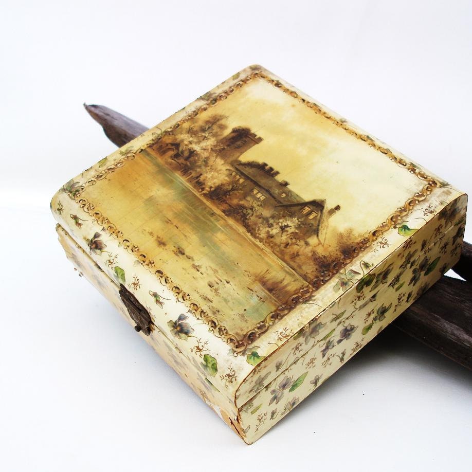 Handkerchief Box Victorian Keepsake Photo Box Celluloid Shabby Chic Jewelry Case Hankie Keeper