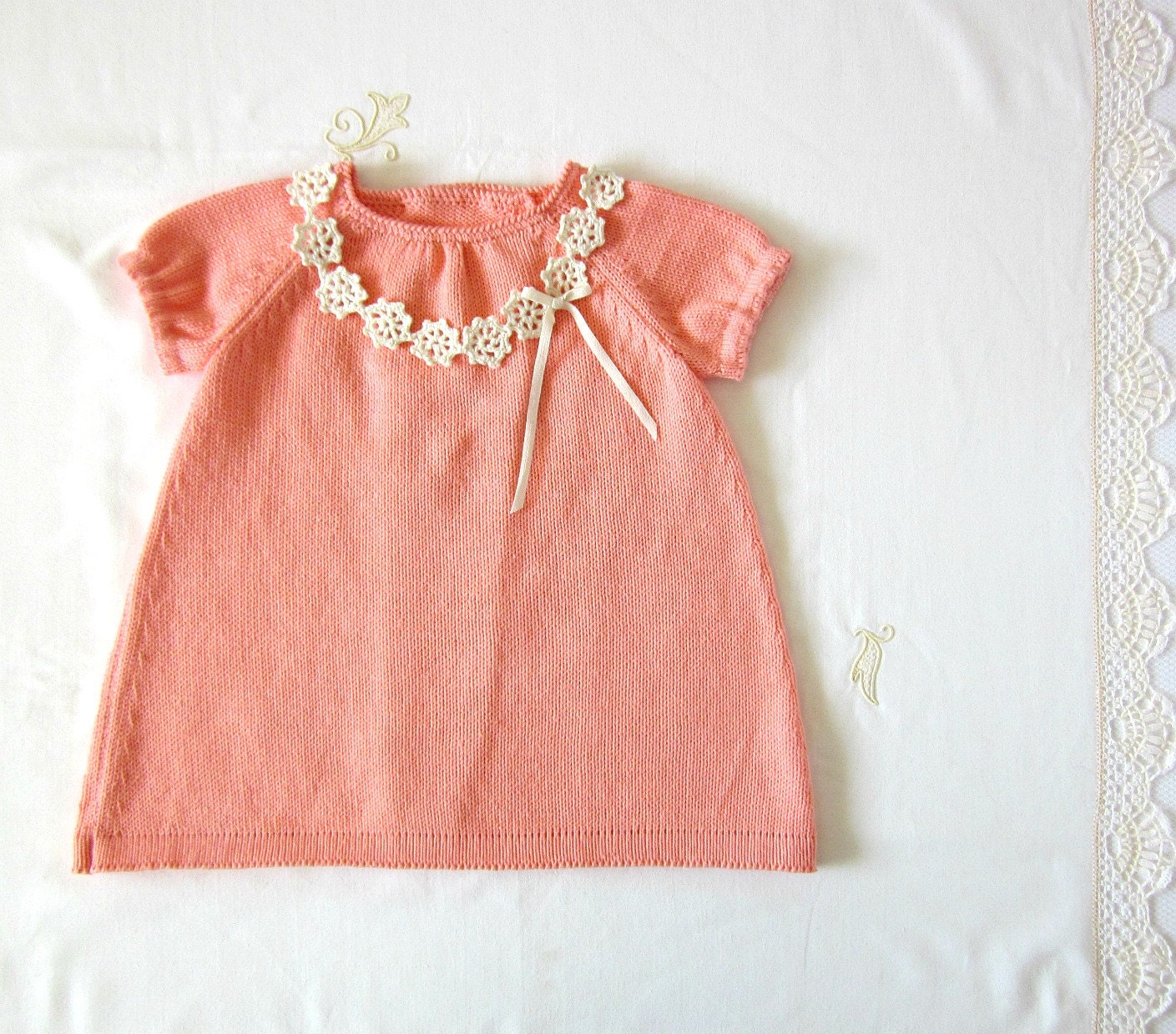 Knitted baby dress coral. Crochet necklace. 100% cotton. READY TO SHIP size newborn.