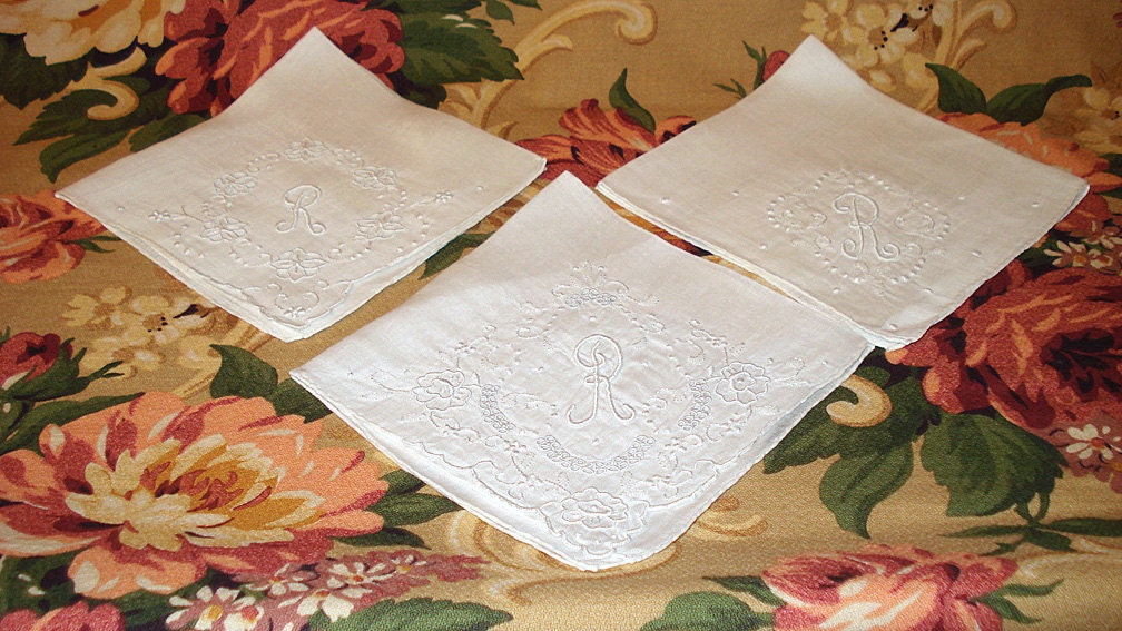 lot of 3 Vintage White Embroidered Hankies with R Monogram