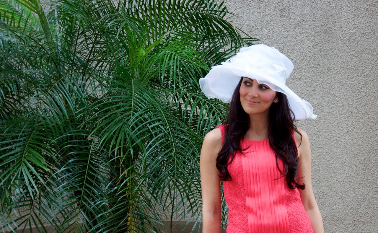 White Sun Hat - "ISABELLA" White Crystal Organza Hat w Organza Trim