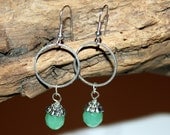 Silver Hoop Dangles Up-cycled Re-purposed Jewelry Green Stone and Silver