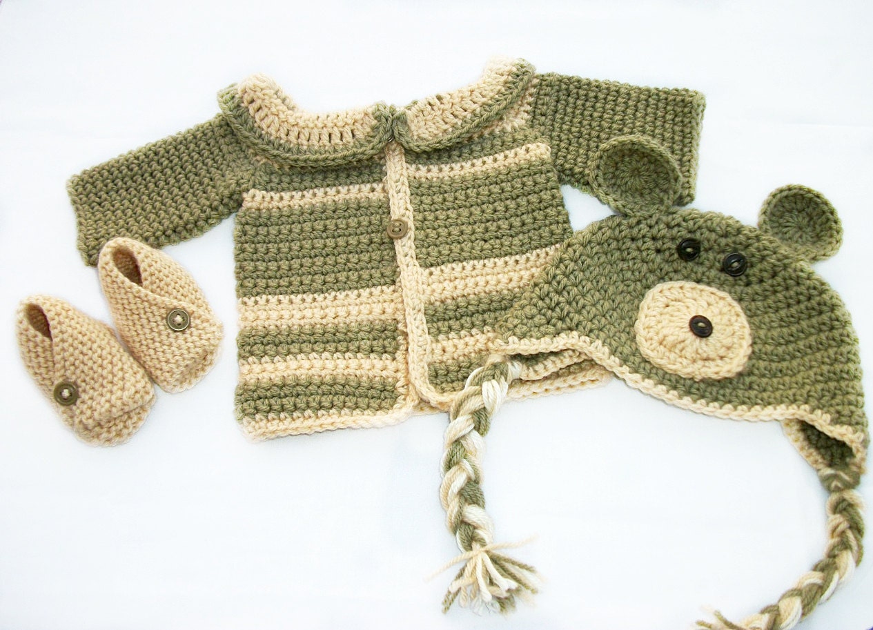 Crochet Baby Sweater Bear Ear Flap Hat Kimono Booties linen and cream, 0 to 3 months. Made T0 Order.Nana'slittlestitches