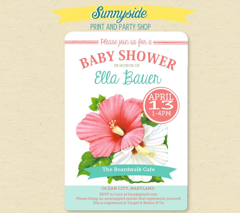 Pretty Tropical Beachy Hibiscus Baby / Bridal Shower Invitation
