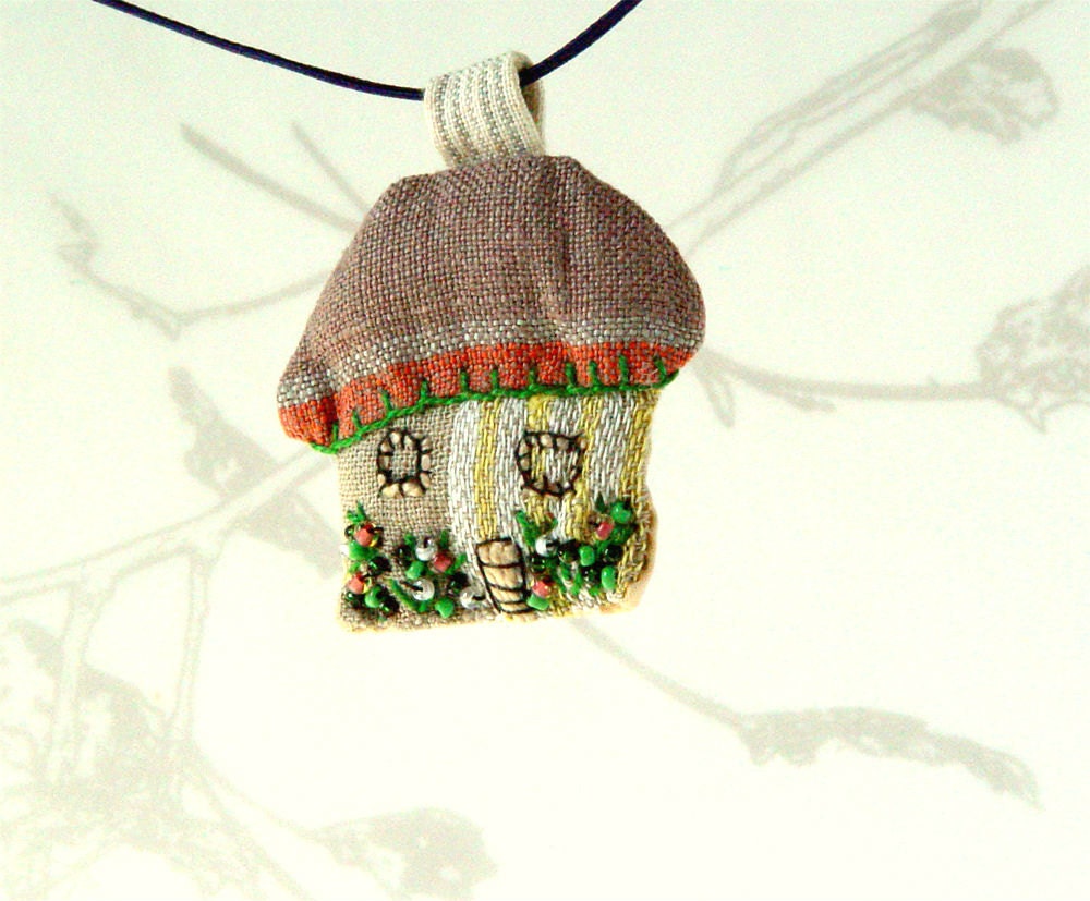 The Little House Pendant, Tiny House, Fiber Art Jewelry, Handmade Pendant, Embroidered House