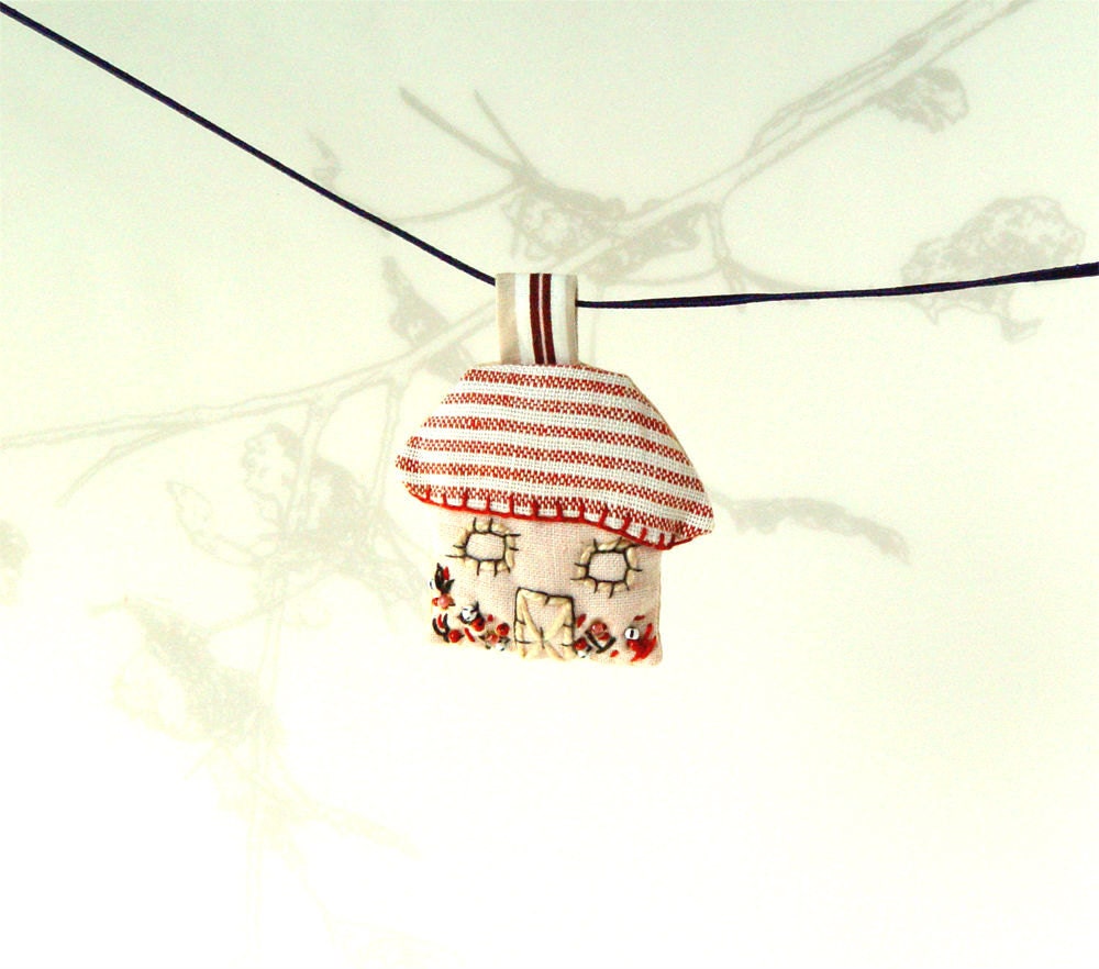 Pink House Pendant, Tiny House, Fiber Art Jewelry, Handmade Pendant, Embroidered House