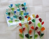 Fused Glass Dishes, Set of 2 , Tea for Two, Blooming Branches in Red, Amber, Orange, Blue, Turquoise, White, and Greens