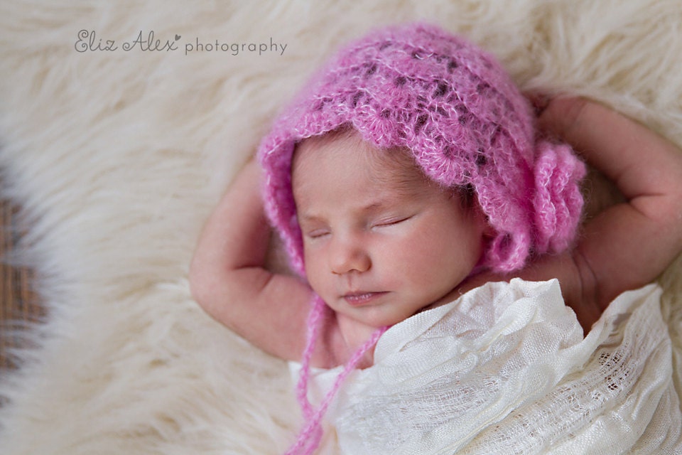 Pink Photo Prop Bonnet, Mohair Silk with Flower and Ties, Newborn Size (Item 792)