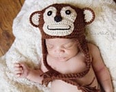 Monkey Hat, Photo Prop Crochet Earflap Brown with Braids, Newborn to 3 Month Size (Item 830) - ThatsTheCutestThing