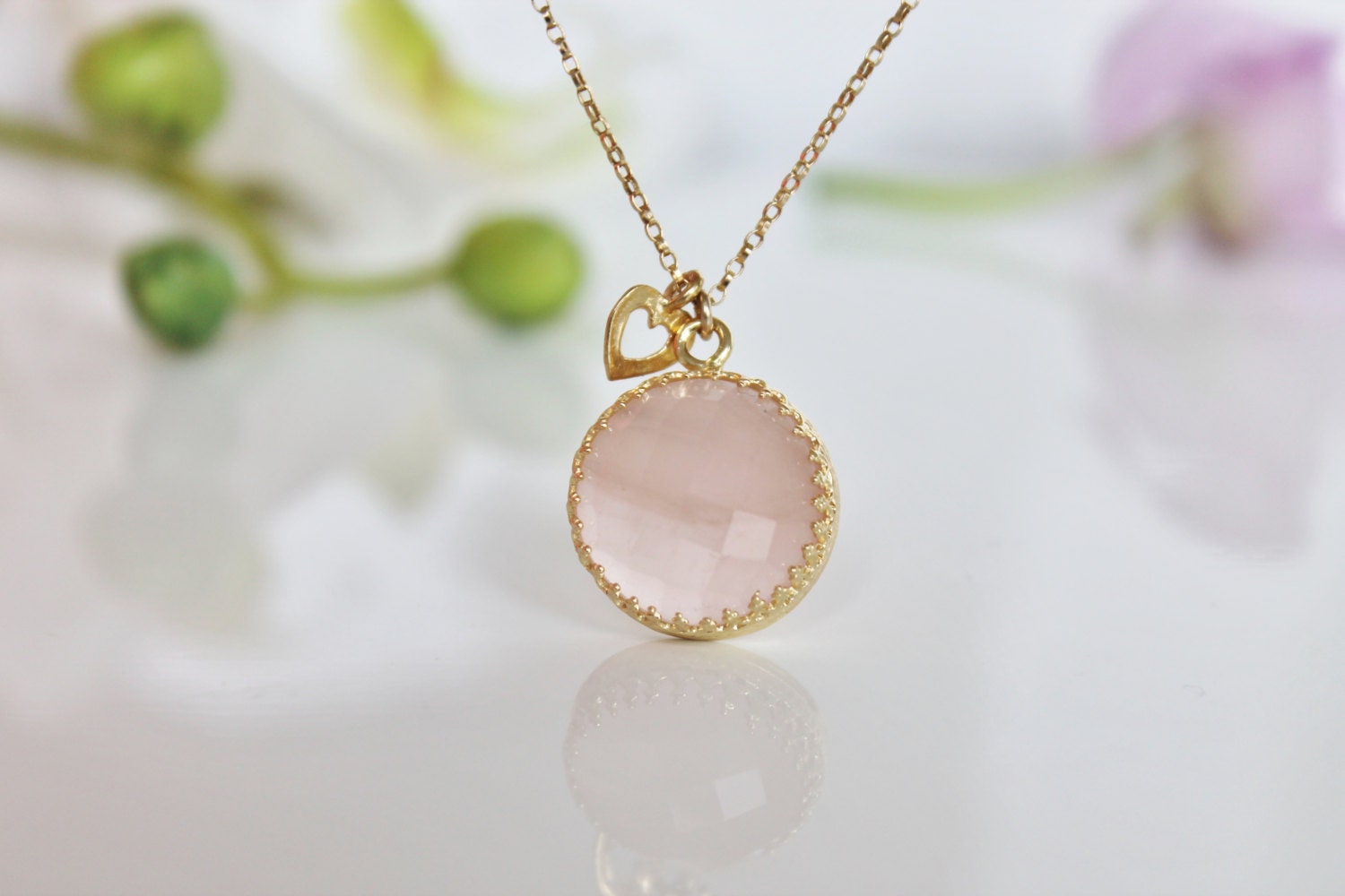 unique love necklace, gold necklace, rose quartz necklace, heart necklace, personalized necklace, love pendant