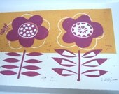 Vintage Flowers- Original Linocut  Print - Contemporary Art - Linoprint- Hand Pulled.