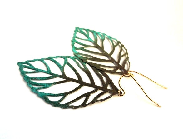 Leaf earrings - rustic green and brown jewelry gift for her - nature, garden, Spring, Summer set, patina, gold, turquoise, blue green dangle - KatieBelleDesign