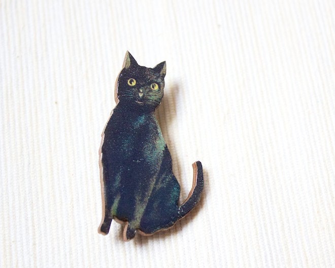 Black Cat Pin, Lucky Brooch, Animal Broach, Kitty, Cute, Wooden Wood, Cute Jewelry, Gothic, Victorian Unique - PennyandPaper