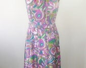60s Psychedelic Print Dress Sleeveless Pleated Skirt Womens Small