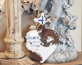 Antique French Memorial Plaque from France, Enamel,Heart Shaped with Cross