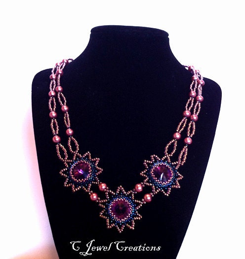 Purple Crystal Necklace, Three Star Beadwoven Jewelry, Beaded Necklace