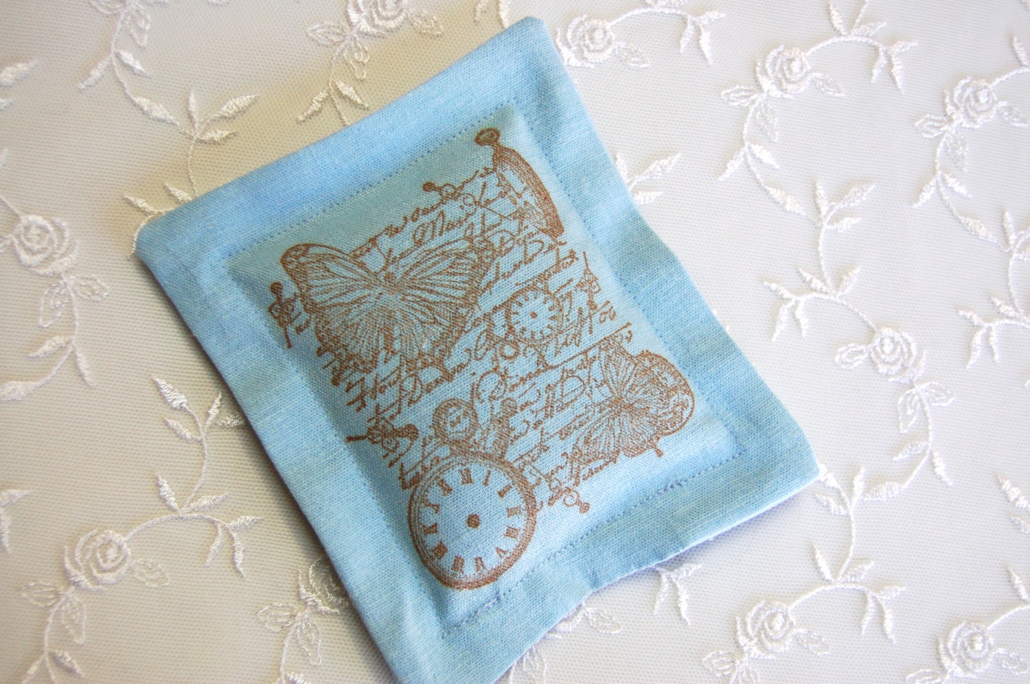 Lavender Sachet, Clocks and Old World Script w/ Butterflies on Blue Linen (Gifts under 10 dollars) Fresh Dried Lavender