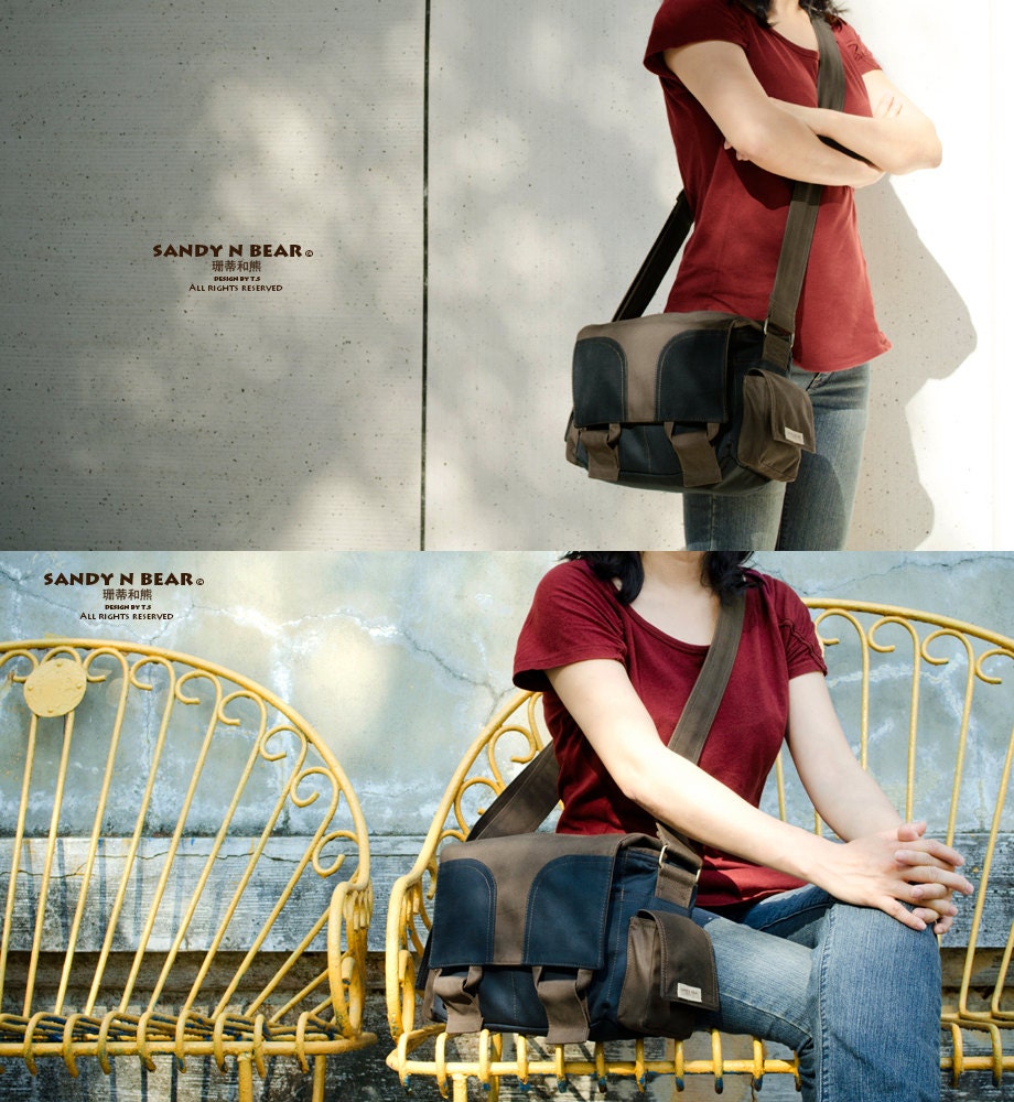 Design Messenger Camera Bag - Coffee-Dark Blue ( Handmade / Cotton / Unisex )