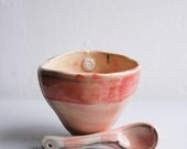Coral pink and pastel peach bowl and spoon- handmade ceramics