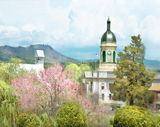Spring Pastel - view small southern town - church tower & town hall Blue Ridge Mtns - soft pink blue green watercolor-like-  matted to 8x10