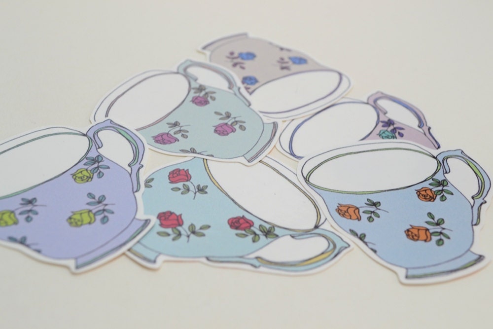 Set of 6 Handmade Vintage Tea Cup Stickers