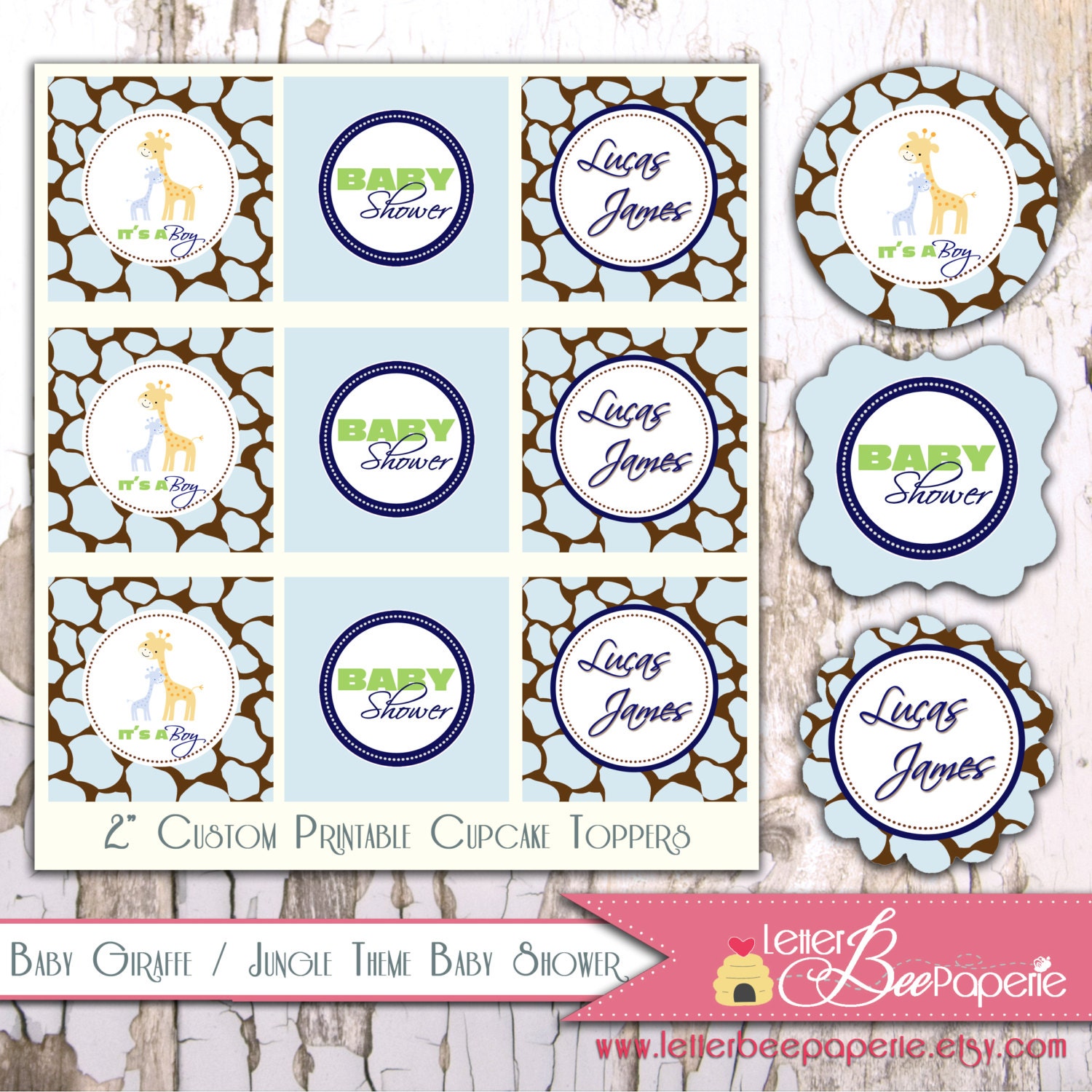 Baby Giraffe / Jungle Theme Custom Baby Shower Cupcake Toppers - Choose Your Colors - DIY You Print Il_170x135