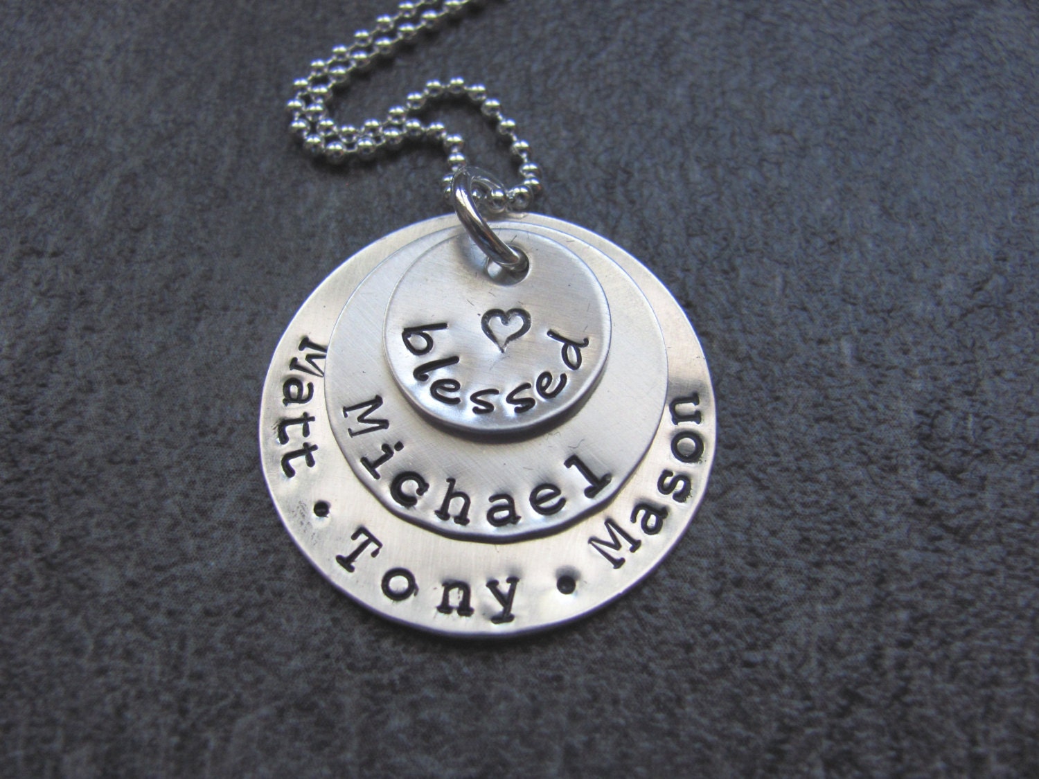 Stacked Personalized Mother's Necklace Handtamped: 3 Discs
