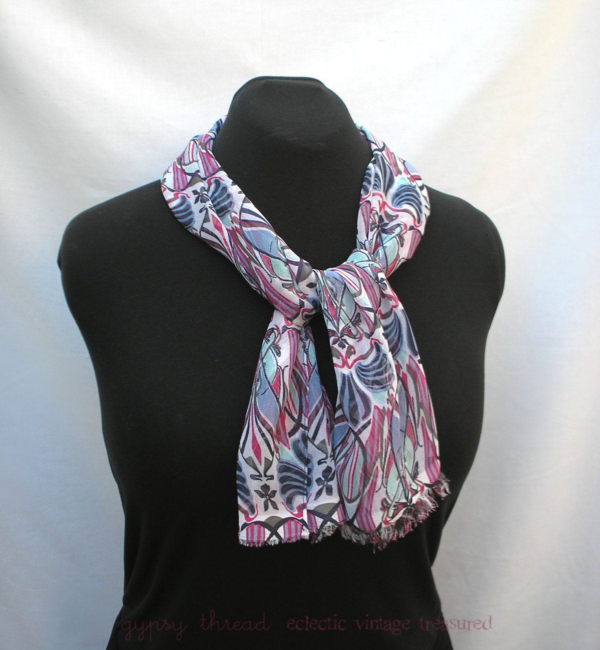 Printed Chiffon Scarf in Blues and Pinks, Lightweight Crepe, Easy Care