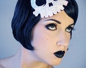 Glitter Skull fascinator headband - sparkly white halloween pirate goth anime hat