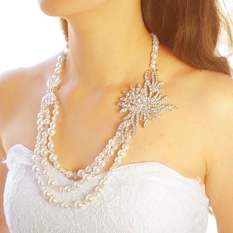 LORETTA, Bridal Pearl Necklace, Ultra Stunning ART DECO Swarovski Crystal and Pearl Bridal Necklace, Rhinestone Wedding Jewelry, White Ivory