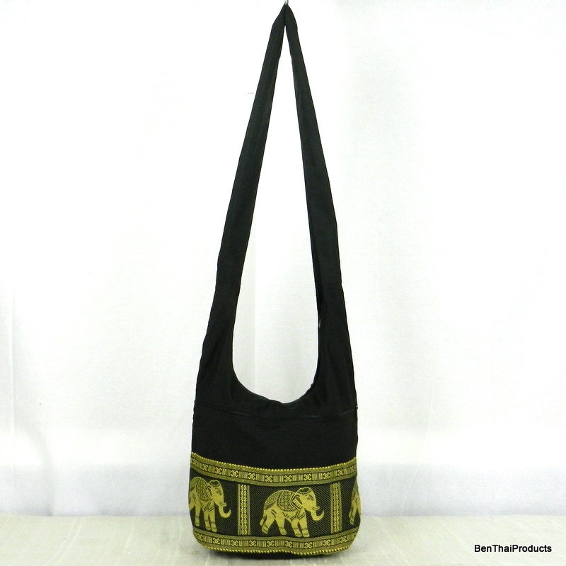 Silk Bag Purse Hippie Hobo Elephant Embroider Gold Sling Crossbody Messenger Lined Handmade in Black Purple Blue - You pick color