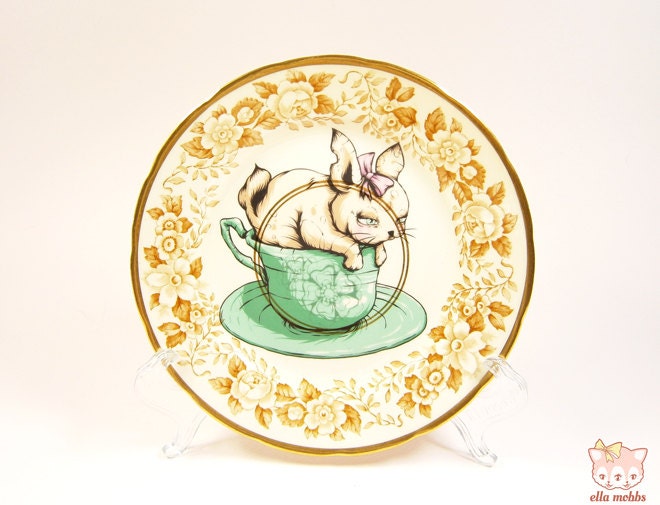 Vintage Butter Plate with a Bunny in a Tea Cup Illustration