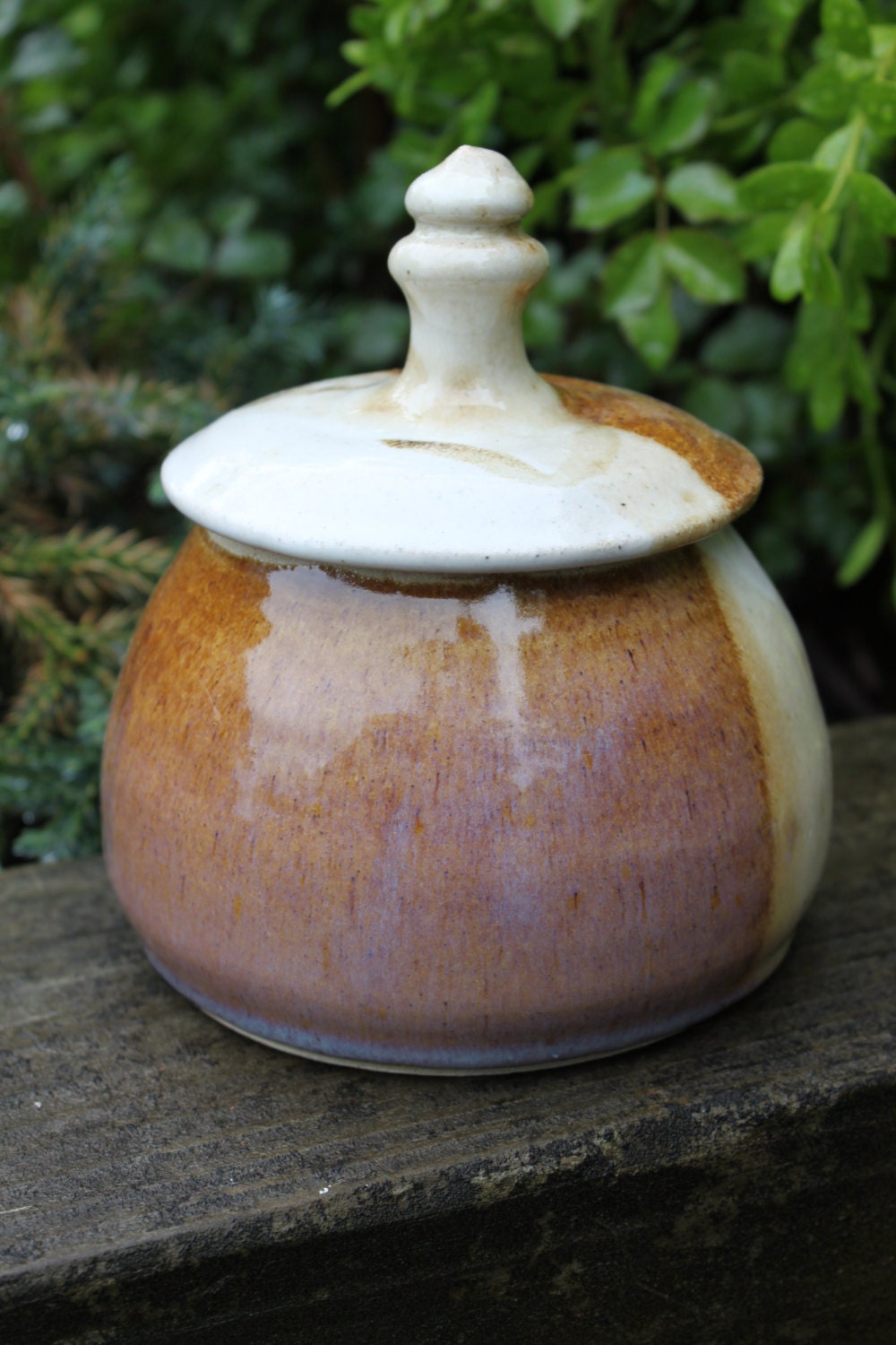 Handmade ceramic pottery 6" tall lidded sugar jar honey pot in creamy white, sand brown and floating lilac