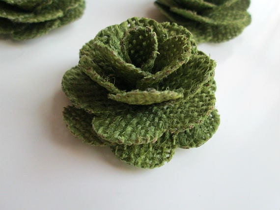 12 Burlap Flowers - Moss Green -  Rustic Wedding Decoration, Craft Projects, Card Making, Home and Special Occasion Decoration