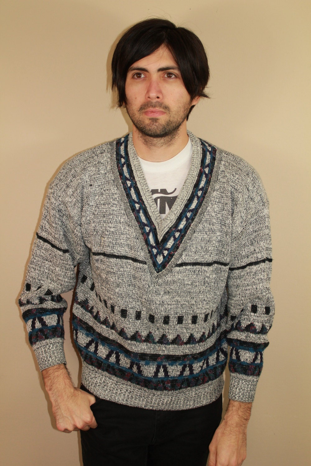 SALE Mens Grey & Black Abstract V Neck Knit Sweater