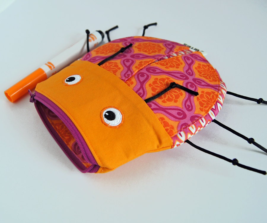 Bug Pouch by MinneBites / Handmade Kids Toy Bag - Kids Art Storage - Crayon Holder - Orange Purse - Lady Bug Bag - Coin Purse, ready to ship