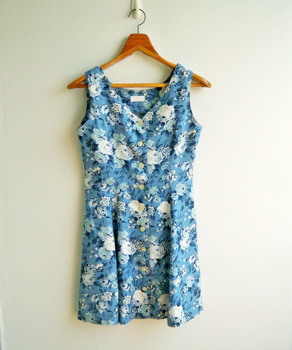 Vintage Dusty Blue Roses Printed Sleeveless Mini Dress SMALL