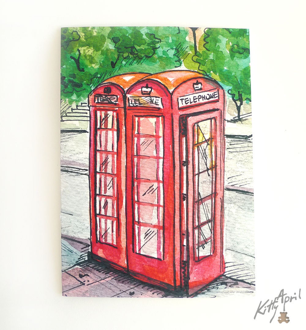 Red Telephone Box Watercolour print Cards - Set of 5