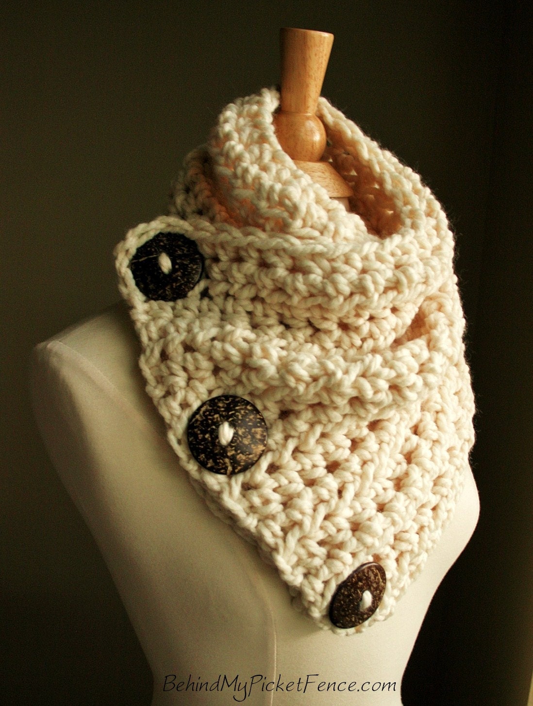 The Original BOSTON HARBOR SCARF - Warm, soft & stylish scarf with 3 large coconut buttons - Cream with Brown Buttons