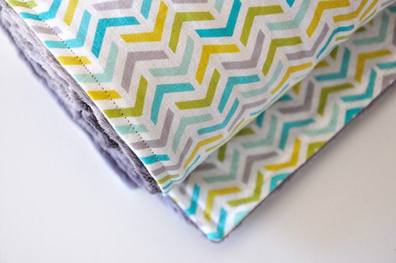 Baby Blanket, Ripples in Aqua and Gray Bubble Dot Minky