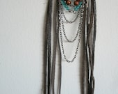 Long bohemian necklace with leather fringe in turquoise and brown
