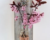 upcycled wood wall hanging,  vintage bottle and flower, vase, metal flower, rustic, shabby chic