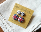 union jack - fabric covered button earring, musical notes, British flag, jewelry earring gift set of 2, small round studs