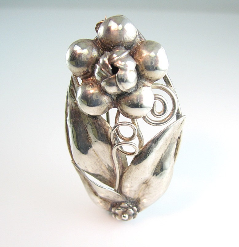 Hobé Sterling Silver Pin Repoussé Flower Vintage 1940s Jewelry