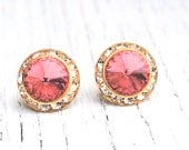 Peachy Pink Stud Earrings Swarovski Crystal Peach Pink Diamond Rhinestone Earrings - Sugar Sparklers