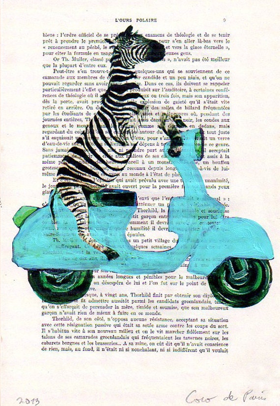 Mixed media prints posters Illustration Drawing acrylic paintings digital Giclee Valentine's Day : Zebra on Vespa