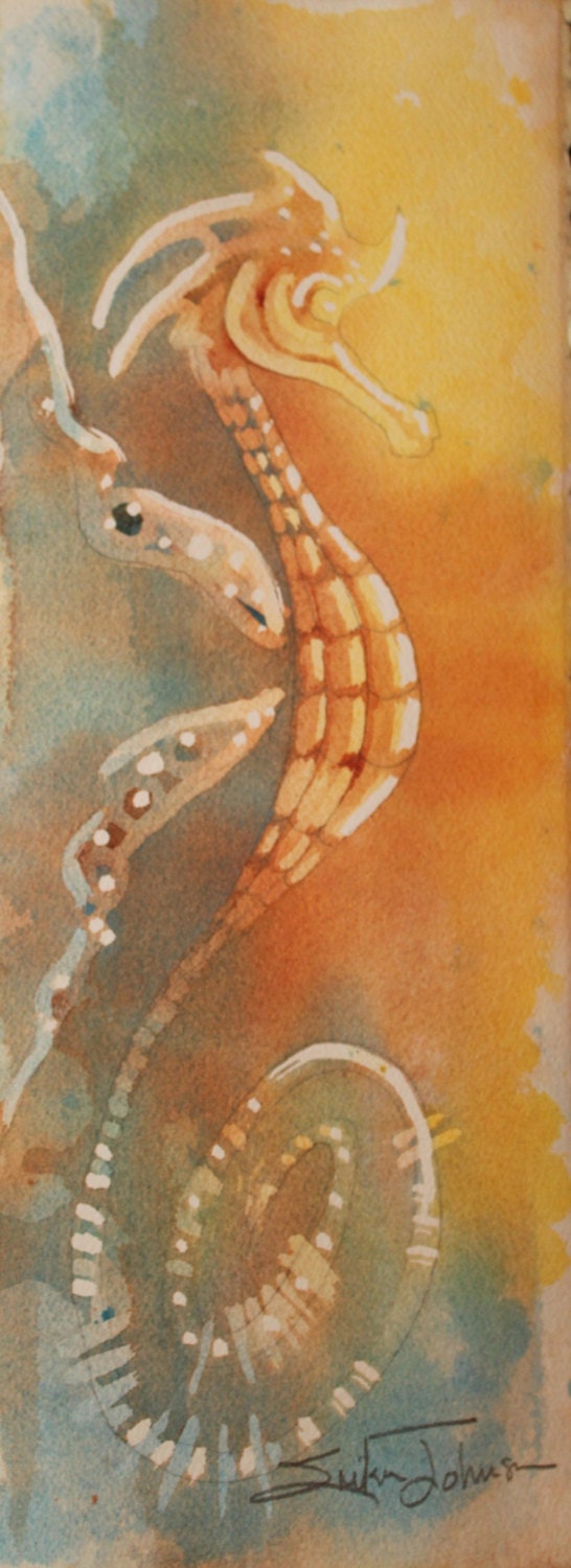 Whimsical Sea Horse Original Water Color Painting approx. 5 1/2 x 15 inches inches - Coastal - Beach Art - Condo Decor Ocean