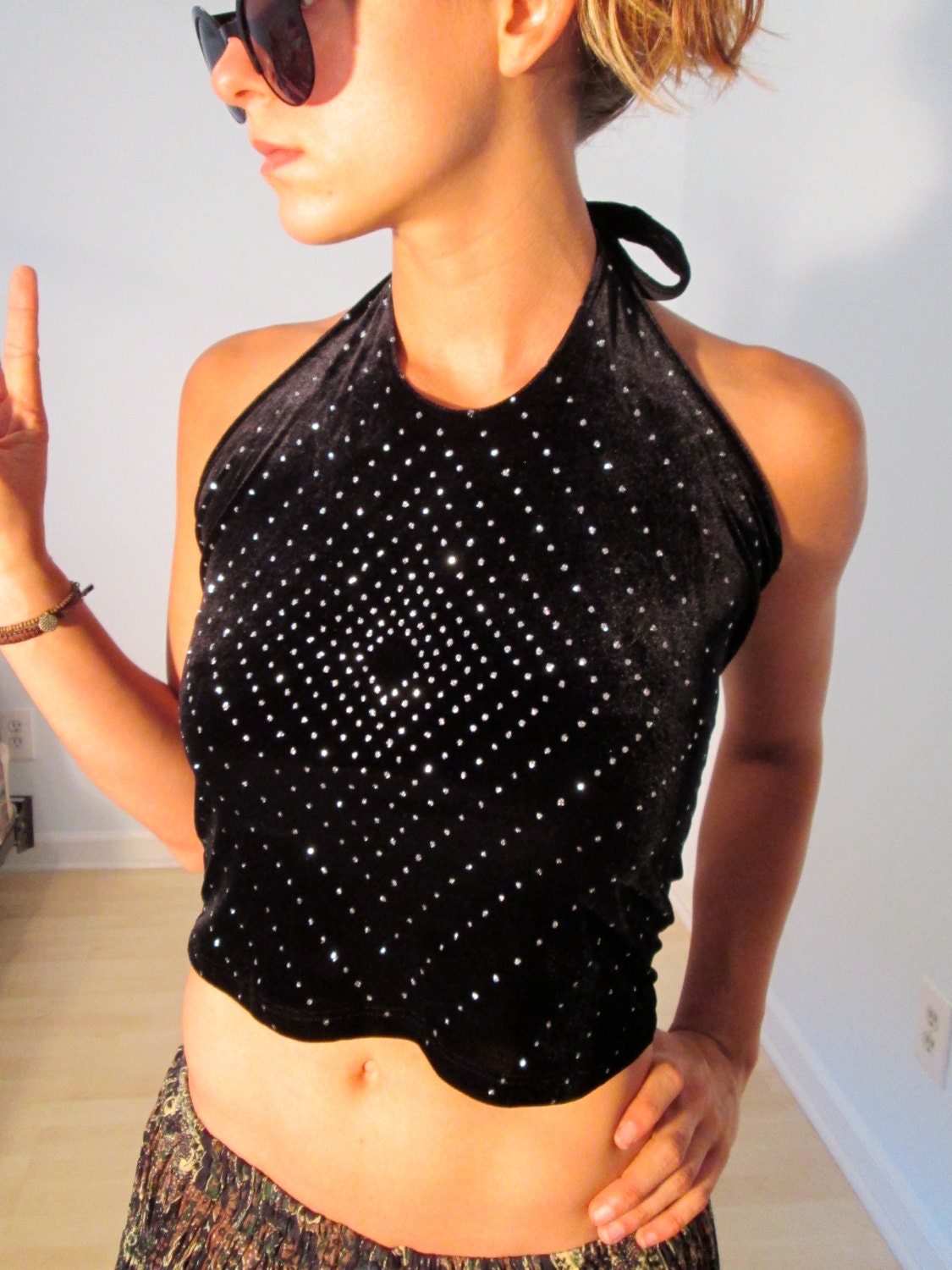 Black Velvet Halter Top S M L Silver Diamond Sacred G Sparkle Boho Hippie Gypsy Club Kid Acid Grunge 90s Shimmer Tank Top Festival Wear