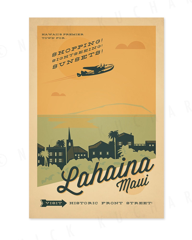 Lahaina, Maui - 12 x 18 Retro Hawaii Print