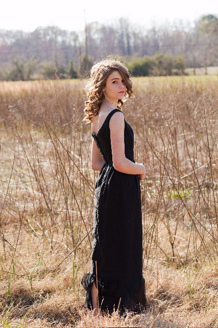 Long Black Gown / 60s Chiffon Evening Dress / 1960 Ruffle Dress